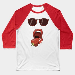 Mouth about to eat a delicious red strawberry while wearing matching red leopard print sun glasses. Baseball T-Shirt